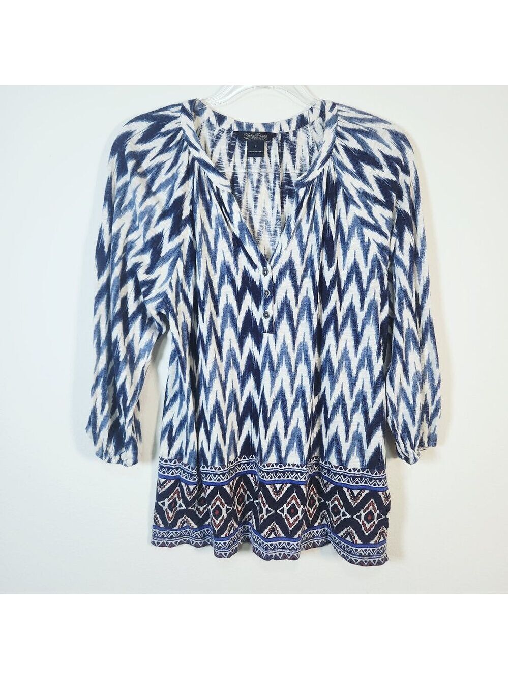 Lucky Brand Womens Top Size Large Raglan Sleeves Blue Print V Neck Cotton Modal